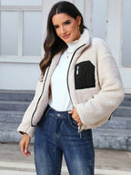 Contrast Panel Teddy Zip-Up Jacket