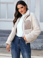Contrast Panel Teddy Zip-Up Jacket