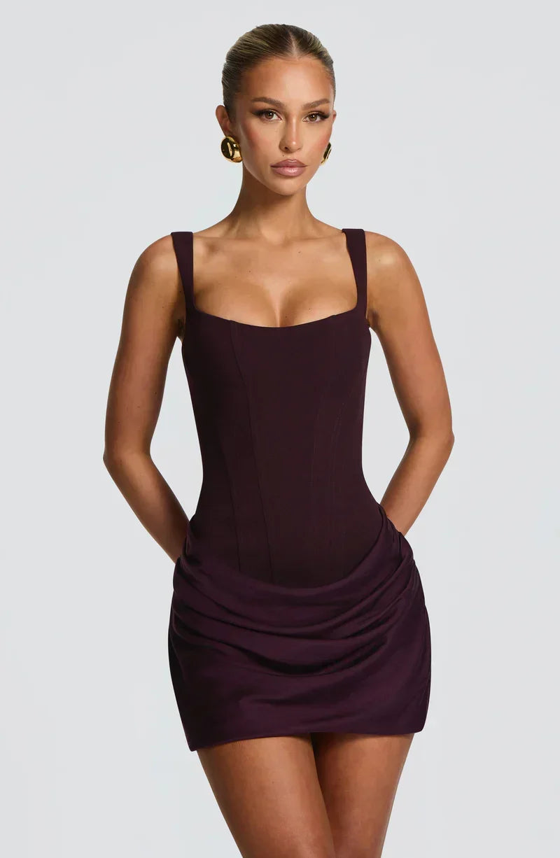 Women's Corset Mini Dress, Square Neckline, Ruched Skirt
