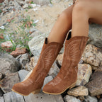 Cream Stitch Western Mid Calf Boots in Tan