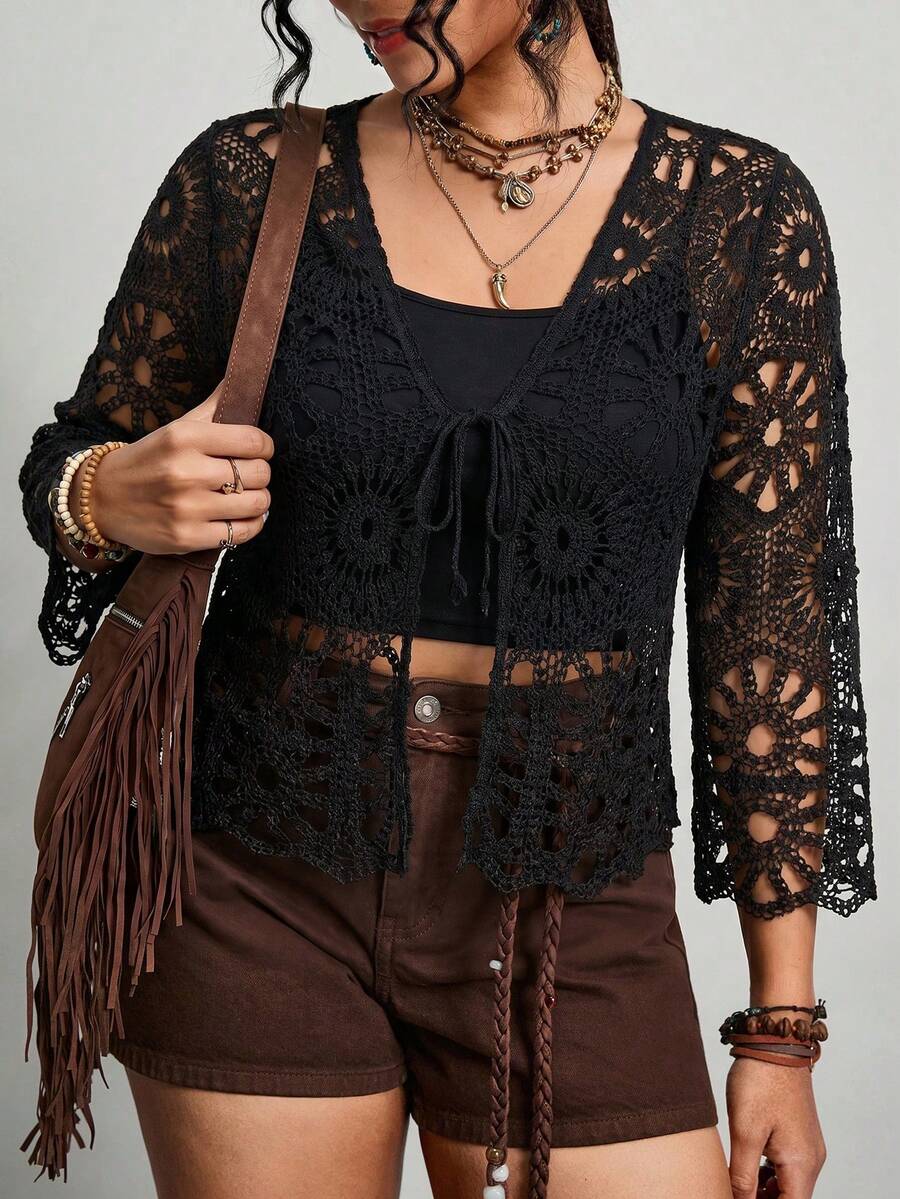 Crochet Tie Front Cardigan with Scalloped Hem