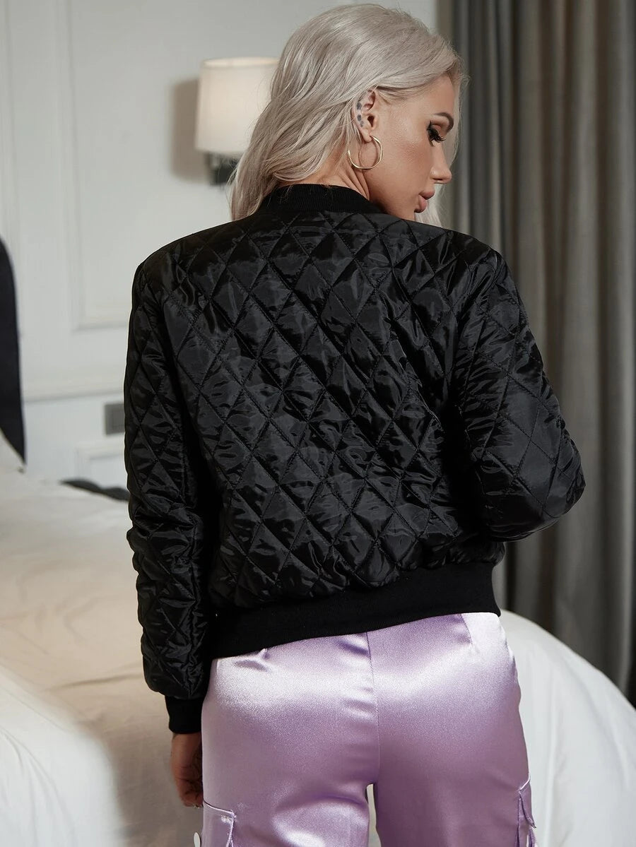 Cropped Diamond Quilt Bomber Jacket