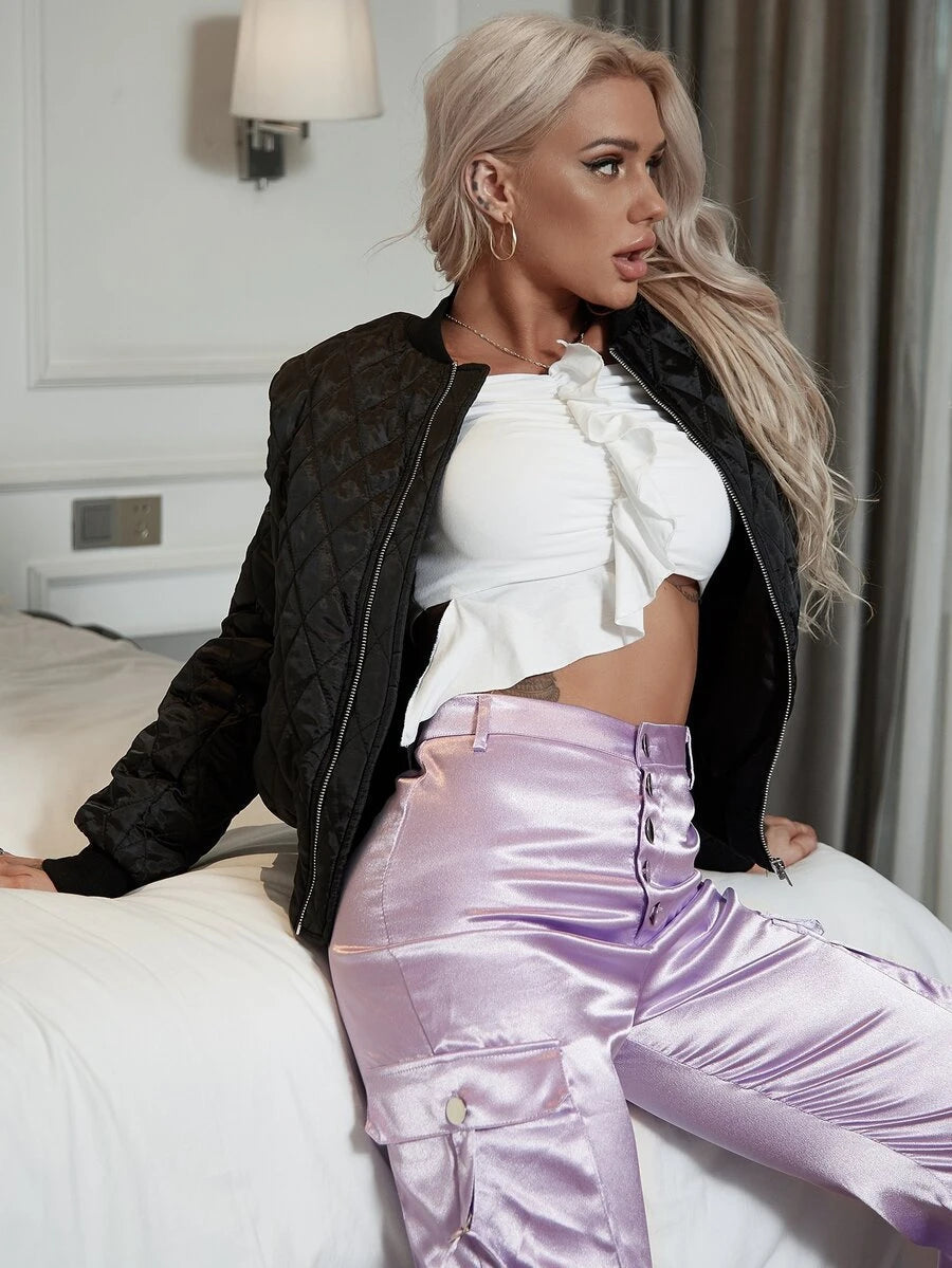 Cropped Diamond Quilt Bomber Jacket