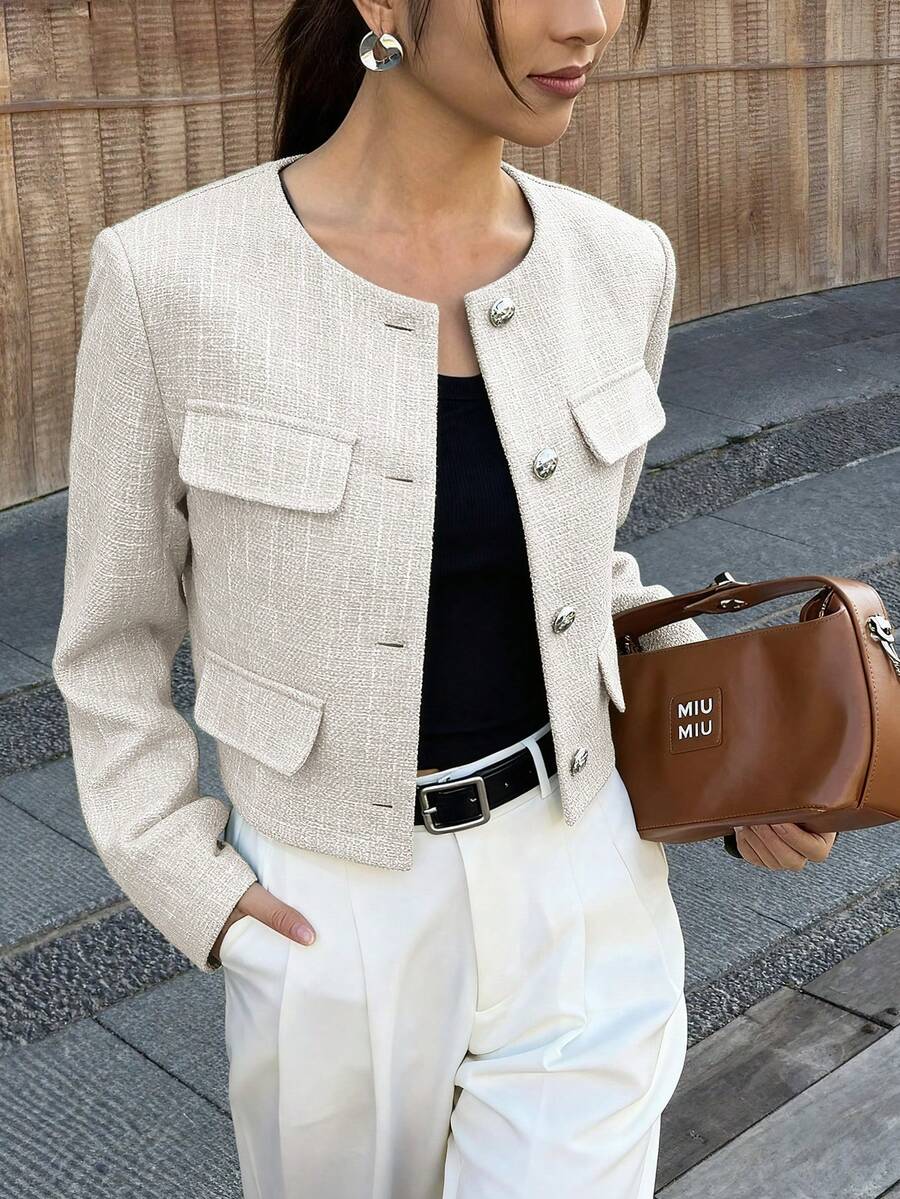 Cropped Textured Button Front Jacket