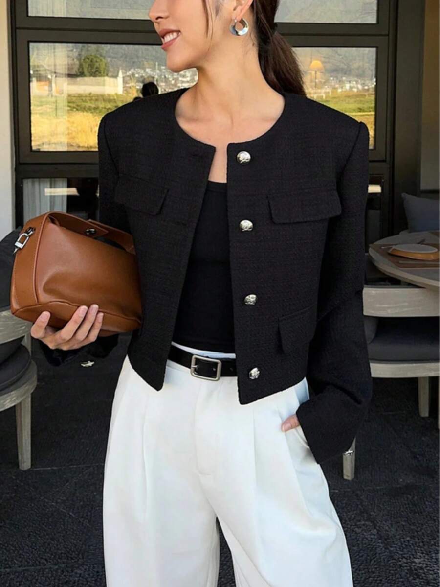 Cropped Textured Button Front Jacket