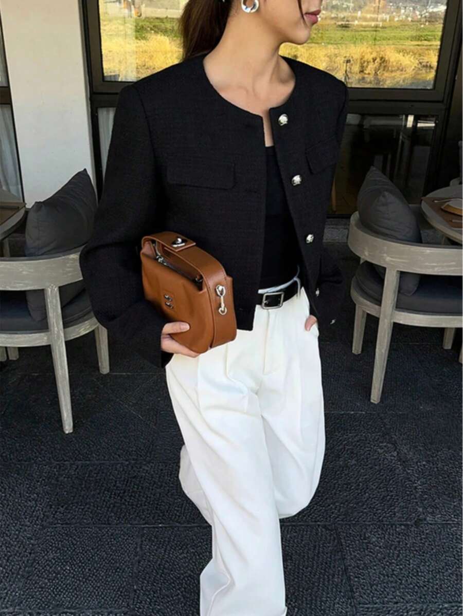 Cropped Textured Button Front Jacket