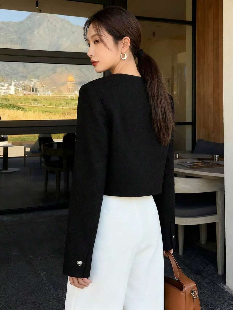 Cropped Textured Button Front Jacket