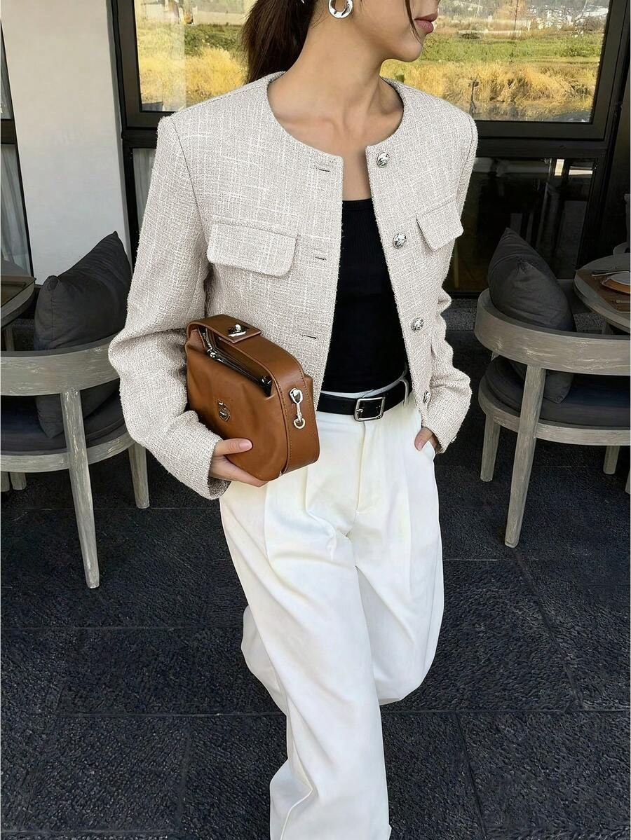 Cropped Textured Button Front Jacket