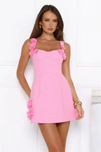 Women's Pink Floral Mini Dress, Square Neck, Spaghetti Straps