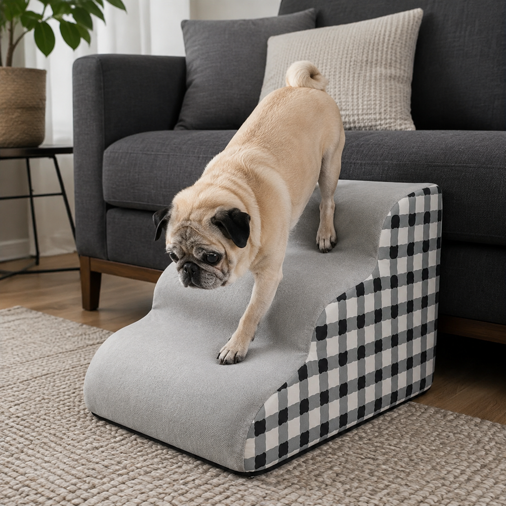 Dog Stairs for Bed & Couch - 2/3-Step Curved High-Density Foam Dog Steps with Non-Slip Bottom & Washable Cover for Small Dogs, Senior Pets & Cats