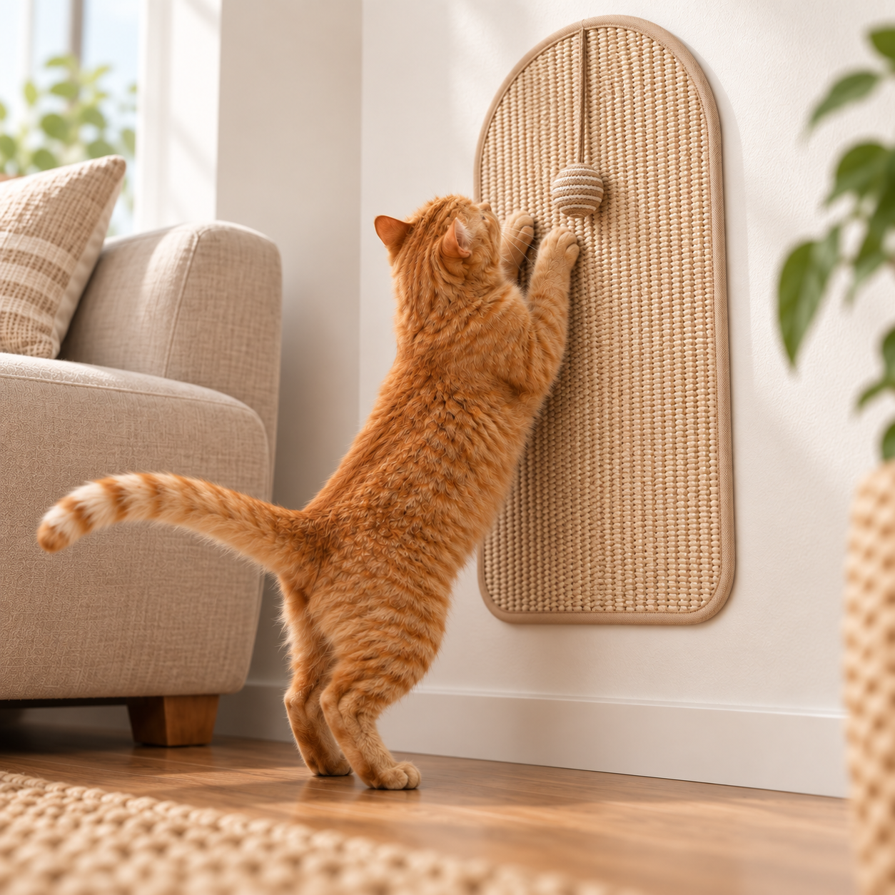Cat Wall Scratcher for Indoor Cats & Kittens – Self Adhesive Cat Scratching Mat with Hanging Ball, Vertical Wall Scratch Pad Furniture Protector