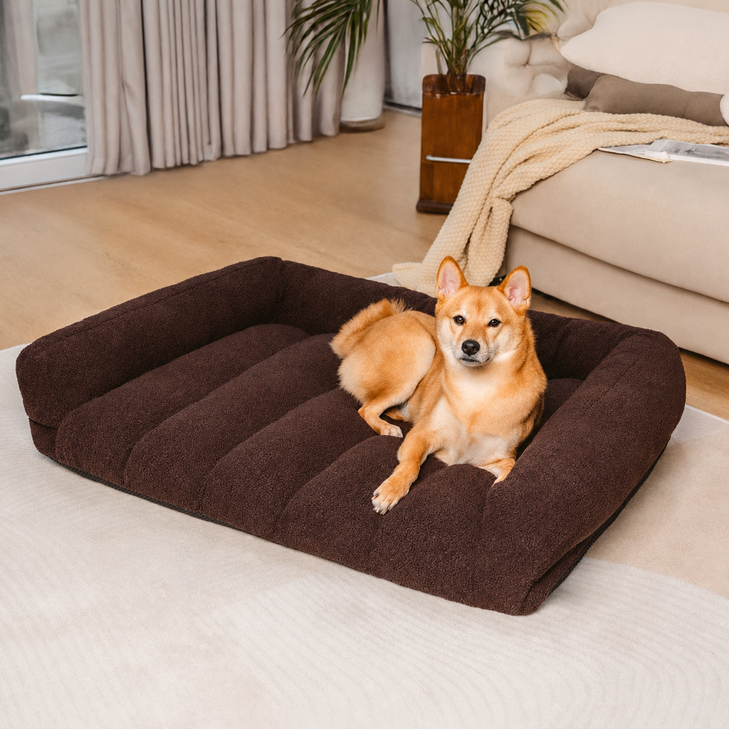 Orthopedic Dog Sofa Bed with Headrest – Teddy Fleece Bed for Large Breeds