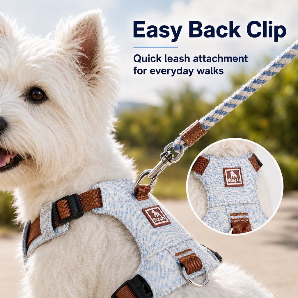 Vintage Denim No-Pull Dog Harness &5 ft Rope Leash Set - Soft Adjustable Vest for Everyday Walks, Better Control & Low-Light Visibility