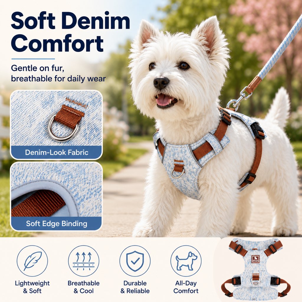 Vintage Denim No-Pull Dog Harness &5 ft Rope Leash Set - Soft Adjustable Vest for Everyday Walks, Better Control & Low-Light Visibility