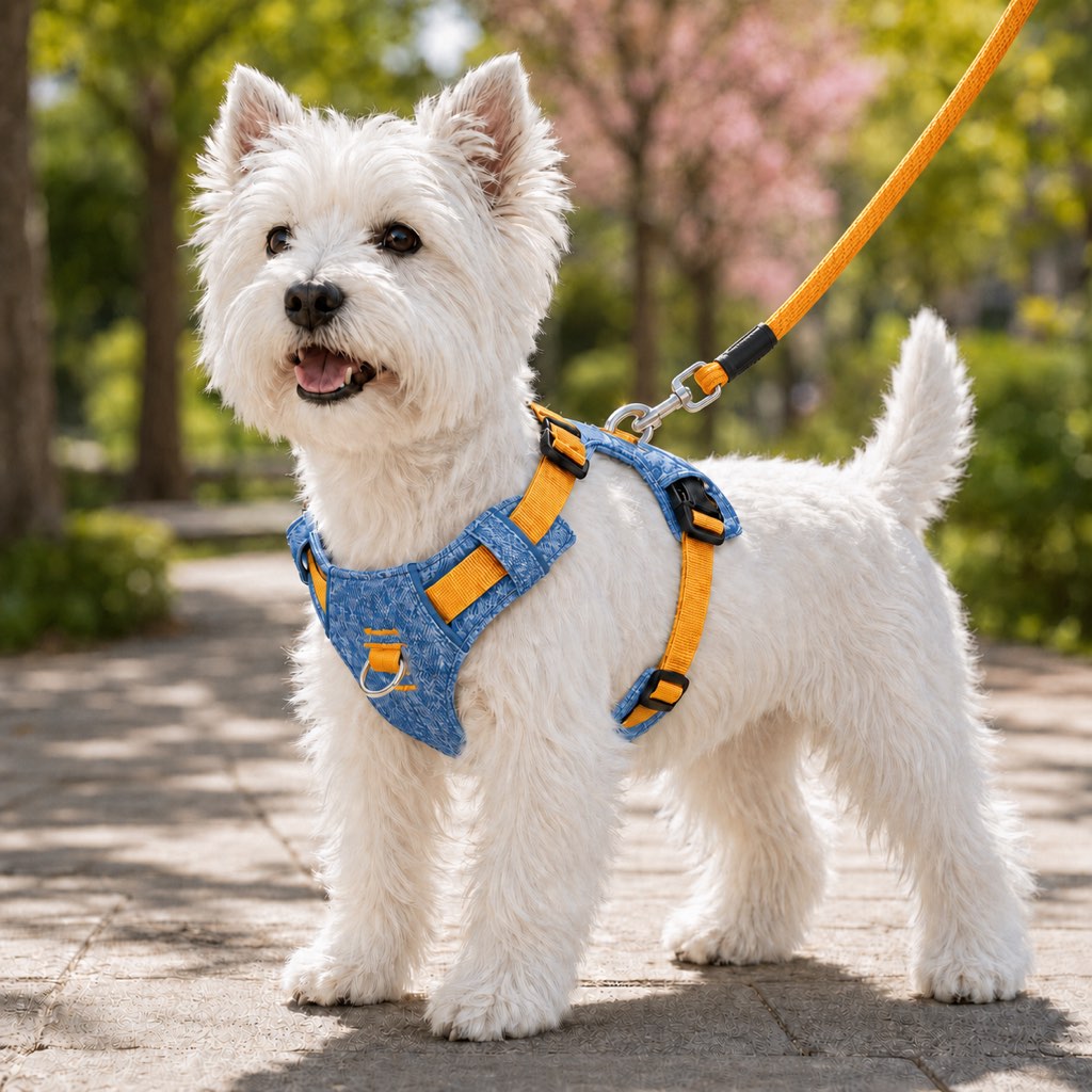 Vintage Denim No-Pull Dog Harness &5 ft Rope Leash Set - Soft Adjustable Vest for Everyday Walks, Better Control & Low-Light Visibility