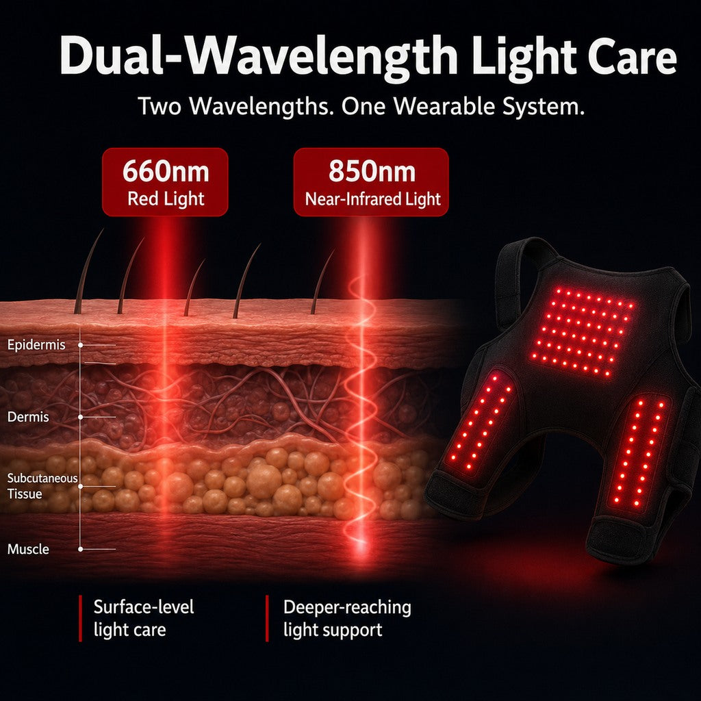 Wearable red light therapy sleeve for dogs, used for home care of the lower back and hind legs/hips.