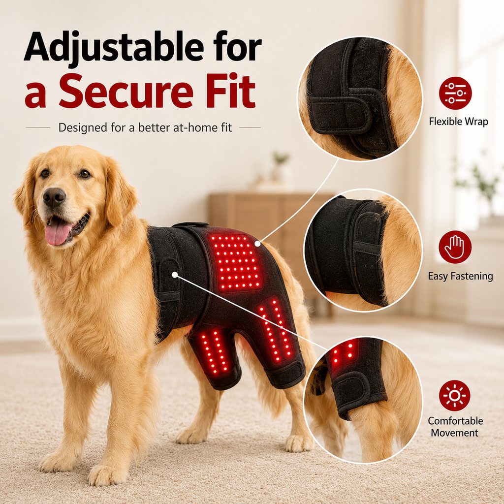 Wearable red light therapy sleeve for dogs, used for home care of the lower back and hind legs/hips.