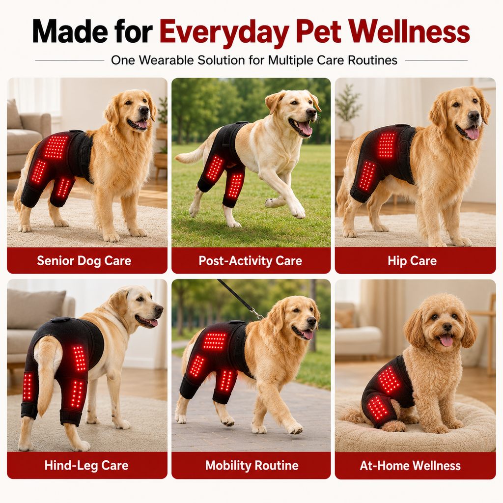 Wearable red light therapy sleeve for dogs, used for home care of the lower back and hind legs/hips.