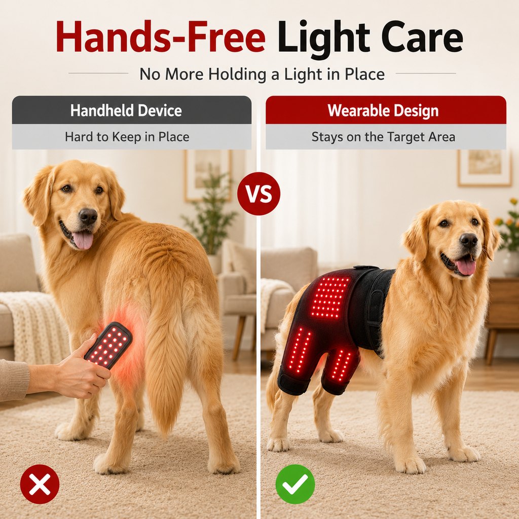 Wearable red light therapy sleeve for dogs, used for home care of the lower back and hind legs/hips.