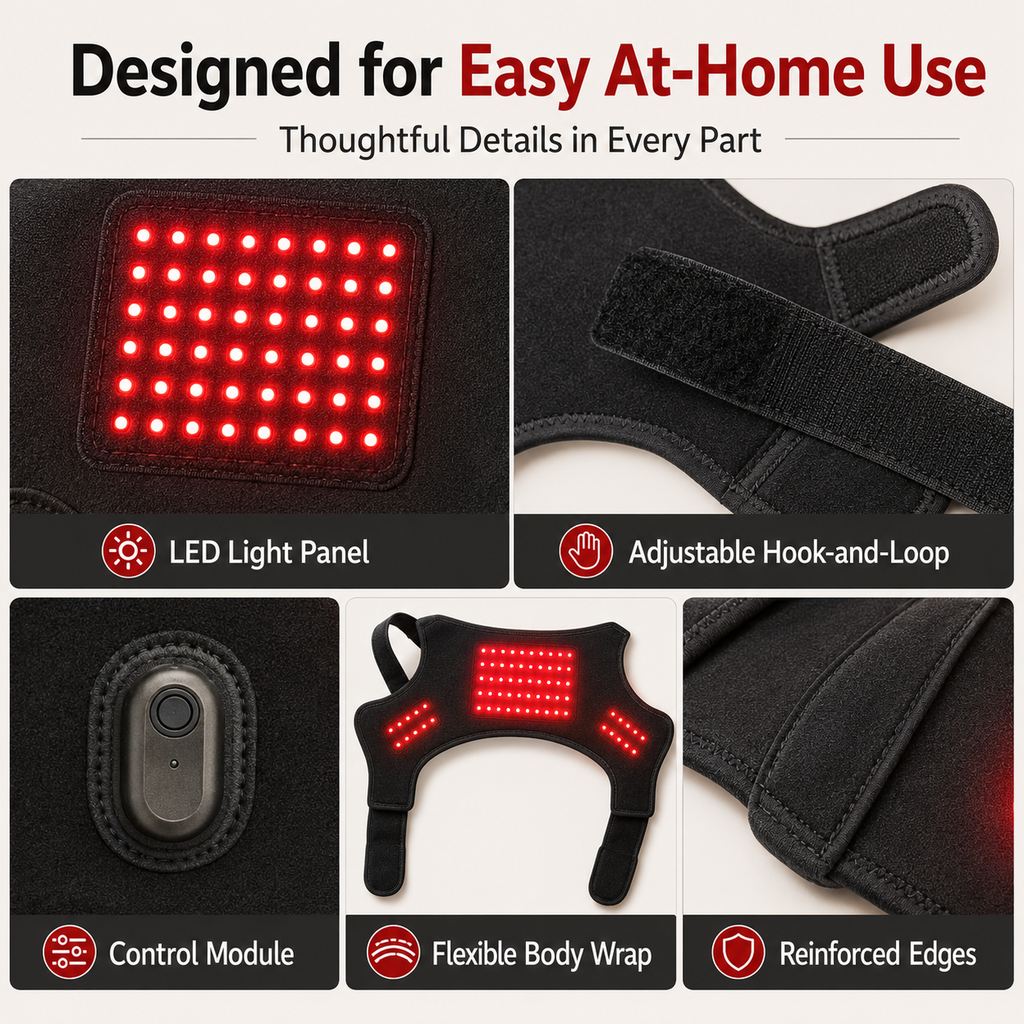Wearable red light therapy sleeve for dogs, used for home care of the lower back and hind legs/hips.