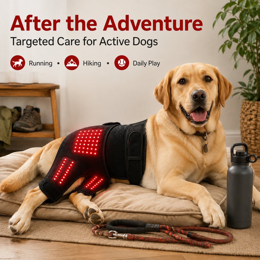 Wearable red light therapy sleeve for dogs, used for home care of the lower back and hind legs/hips.