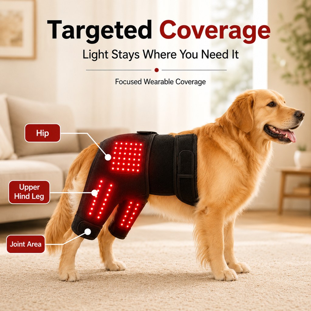 Wearable red light therapy sleeve for dogs, used for home care of the lower back and hind legs/hips.