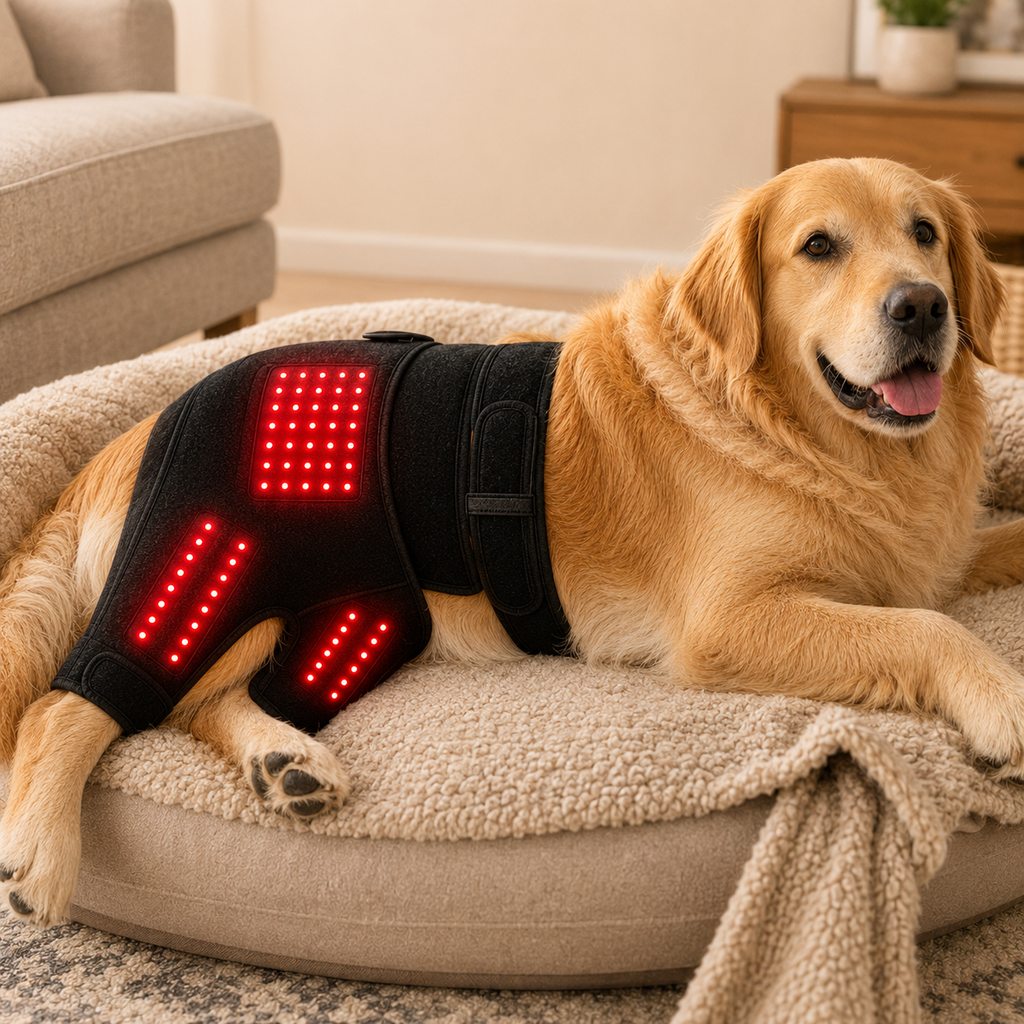 Wearable red light therapy sleeve for dogs, used for home care of the lower back and hind legs/hips.
