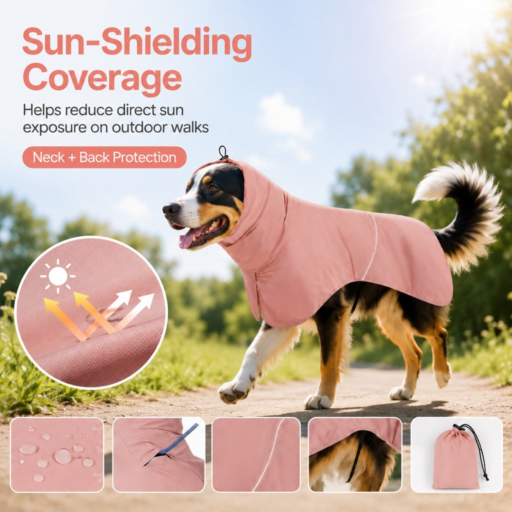 Hooded Dog Sun & Rain Cape for Summer Walks - Lightweight Neck-to-Back Coverage for Drizzle, Wind & Sunny Outdoor Days