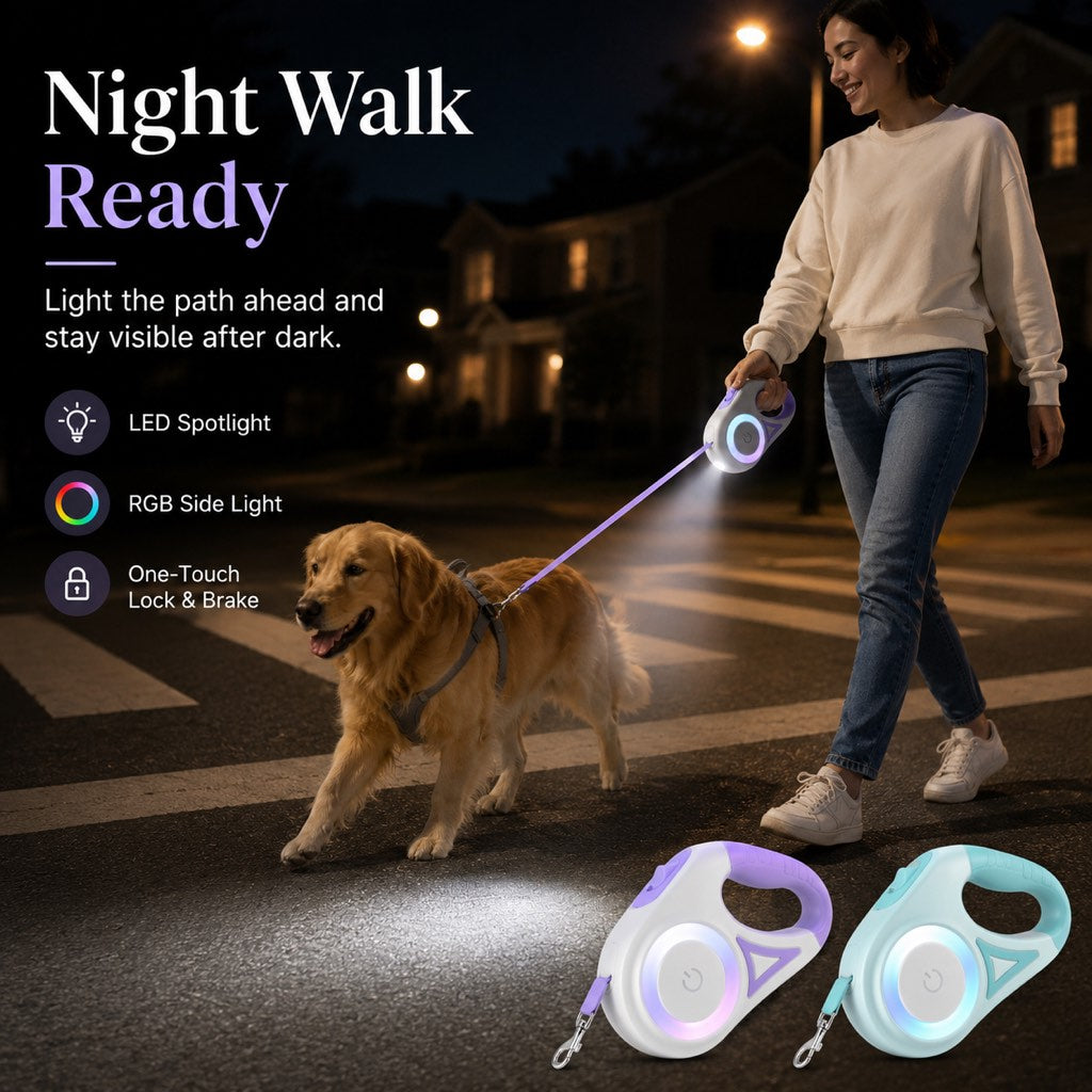 LED Retractable Dog Leash for Night Walks - Light-Up Dog Leash with Built-In Spotlight, RGB Side Glow & One-Touch Brake for Safer Evening Walks