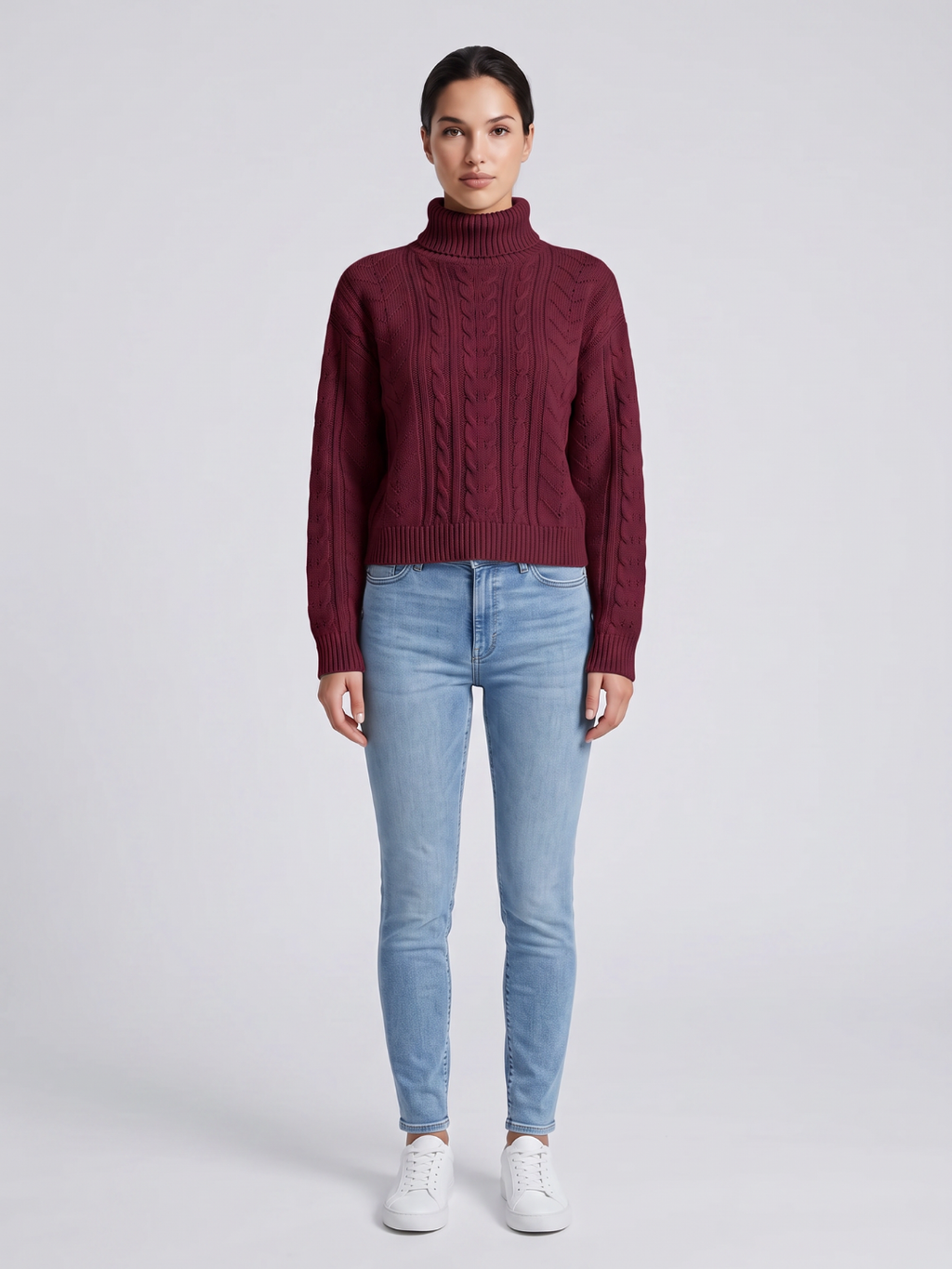 Drop Shoulder Cable Knit Turtleneck