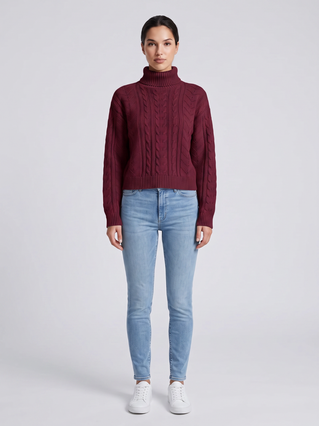 Drop Shoulder Cable Knit Turtleneck