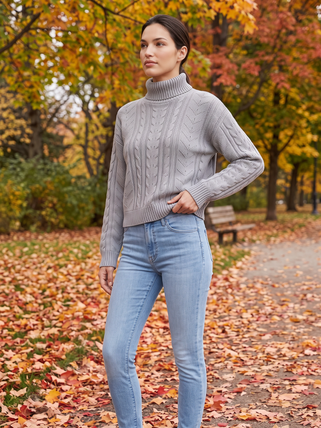 Drop Shoulder Cable Knit Turtleneck