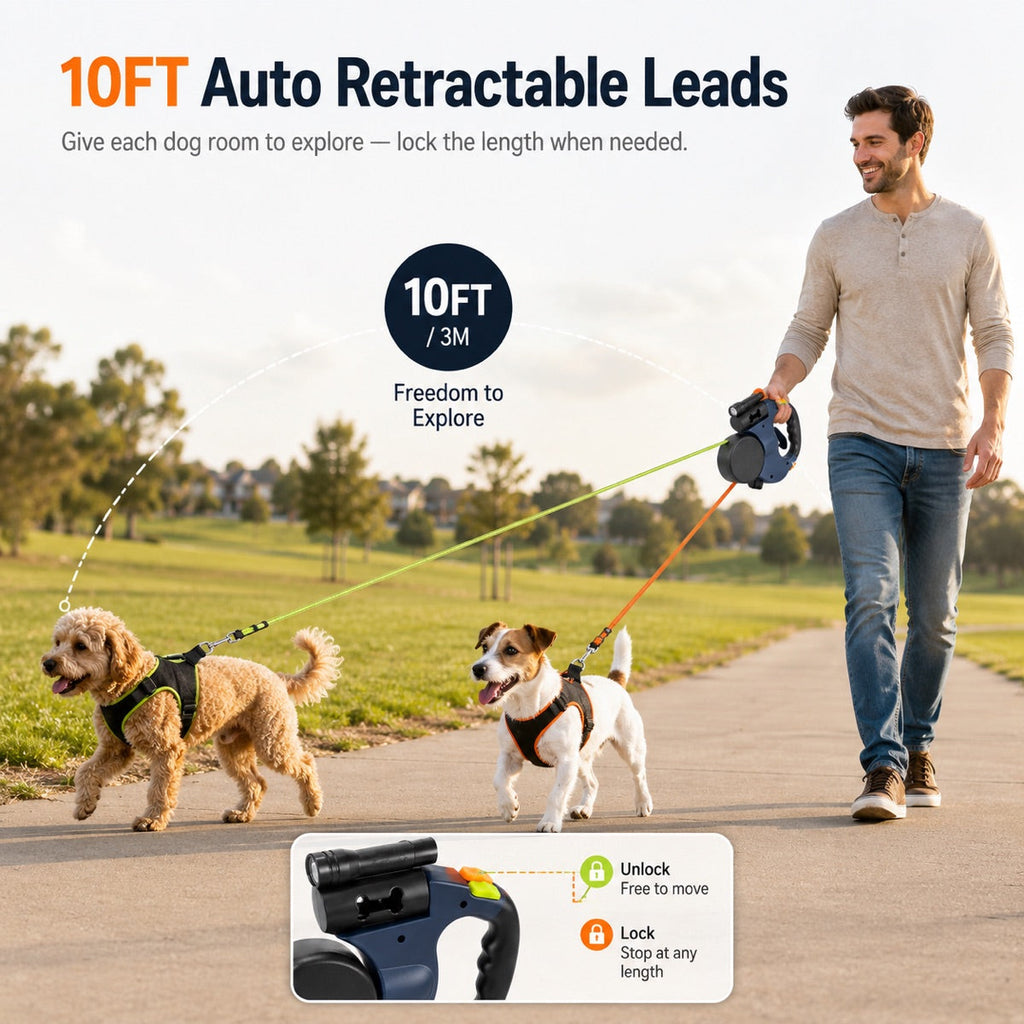 Dual Dog Leash – 360° Tangle-Free Retractable with LED Light & Built-In Poop Bag Holder