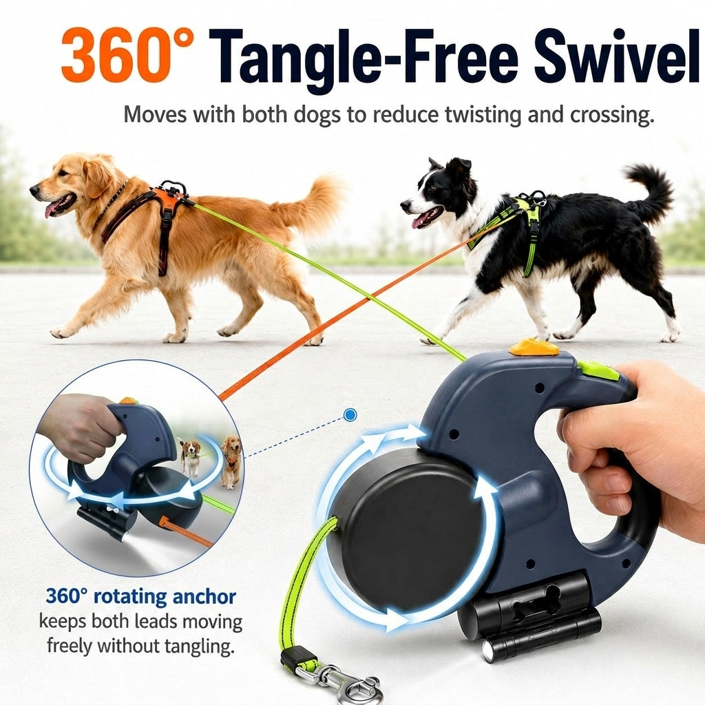 Dual Dog Leash – 360° Tangle-Free Retractable with LED Light & Built-In Poop Bag Holder