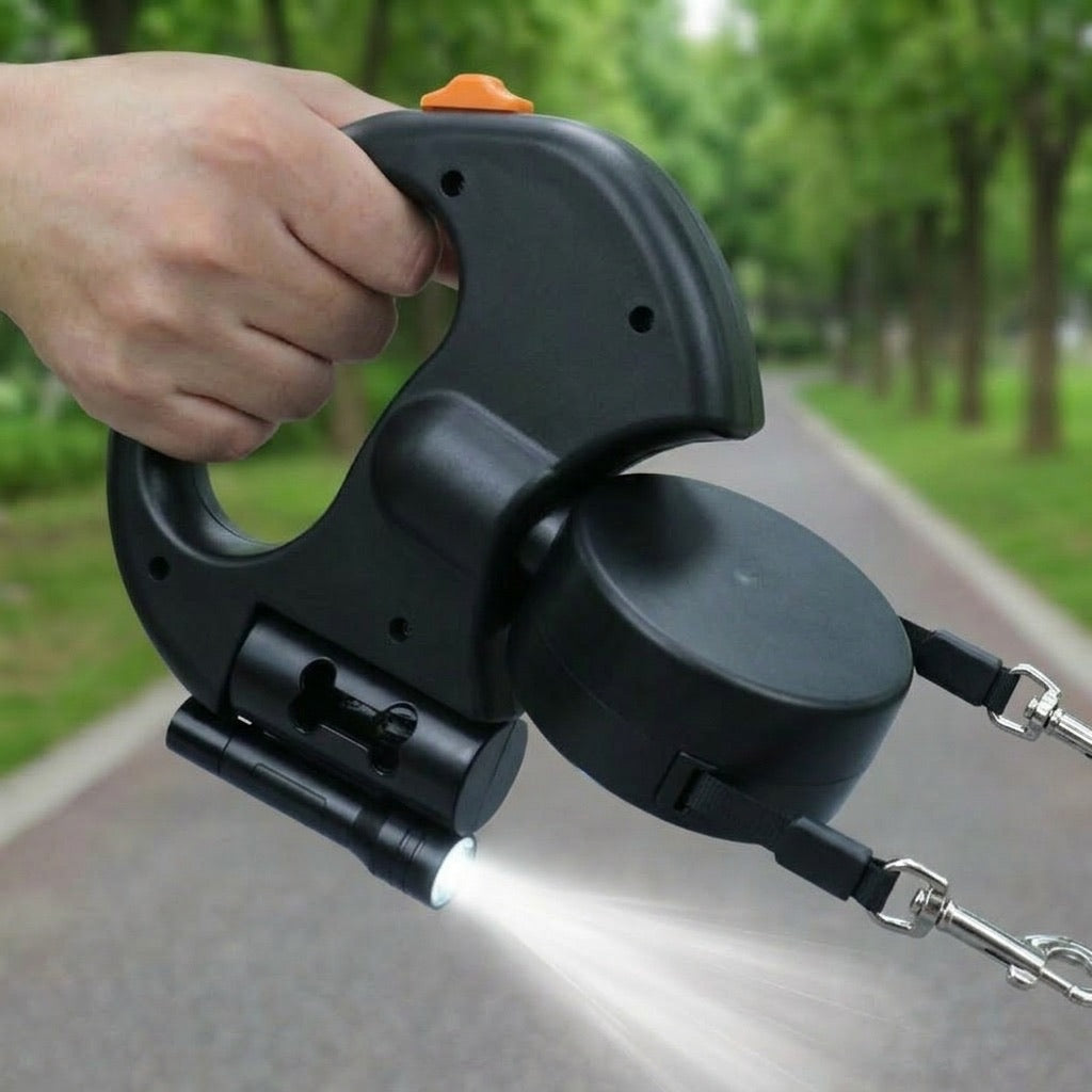 Dual Dog Leash – 360° Tangle-Free Retractable with LED Light & Built-In Poop Bag Holder