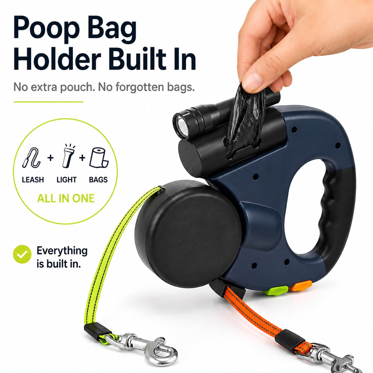Dual Dog Leash – 360° Tangle-Free Retractable with LED Light & Built-In Poop Bag Holder