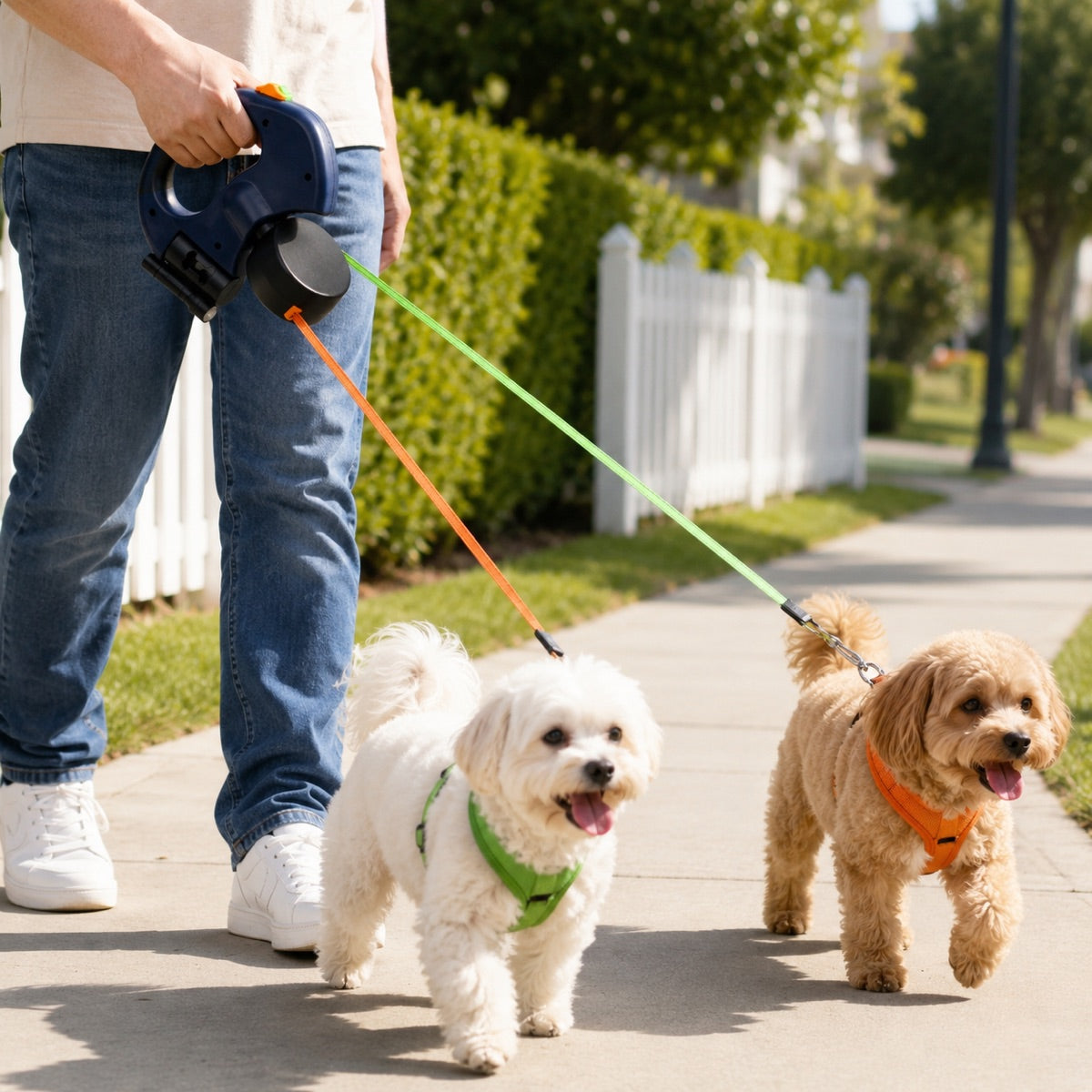 Dual Dog Leash – 360° Tangle-Free Retractable with LED Light & Built-In Poop Bag Holder