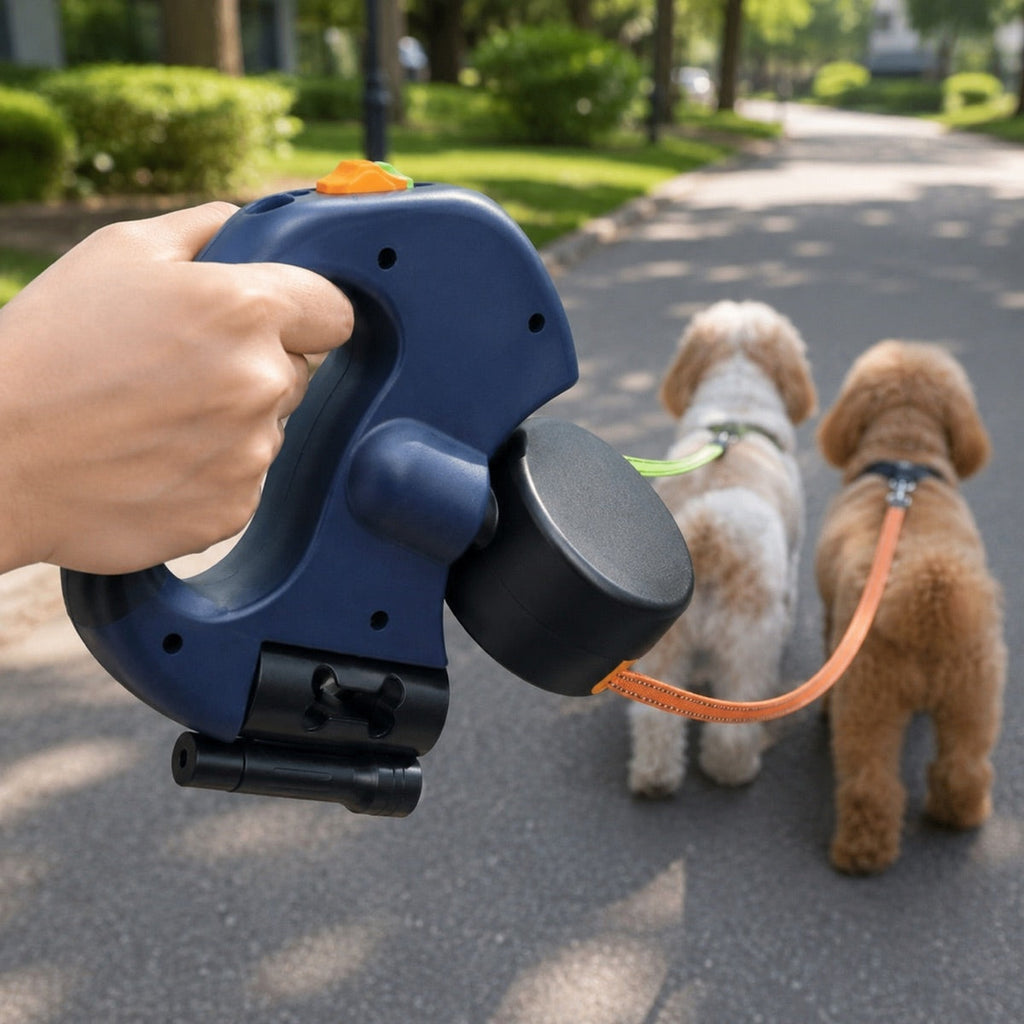 Dual Dog Leash – 360° Tangle-Free Retractable with LED Light & Built-In Poop Bag Holder