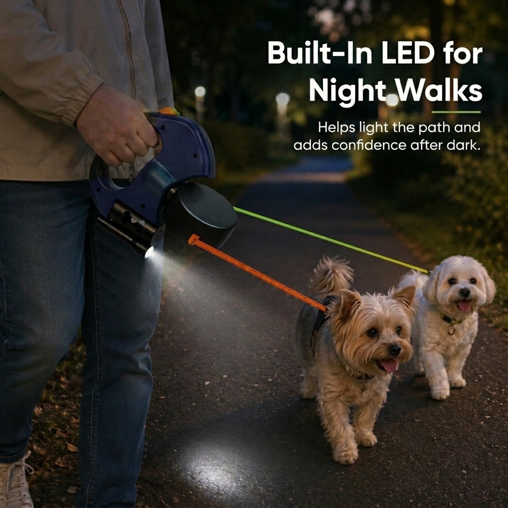 Dual Dog Leash – 360° Tangle-Free Retractable with LED Light & Built-In Poop Bag Holder