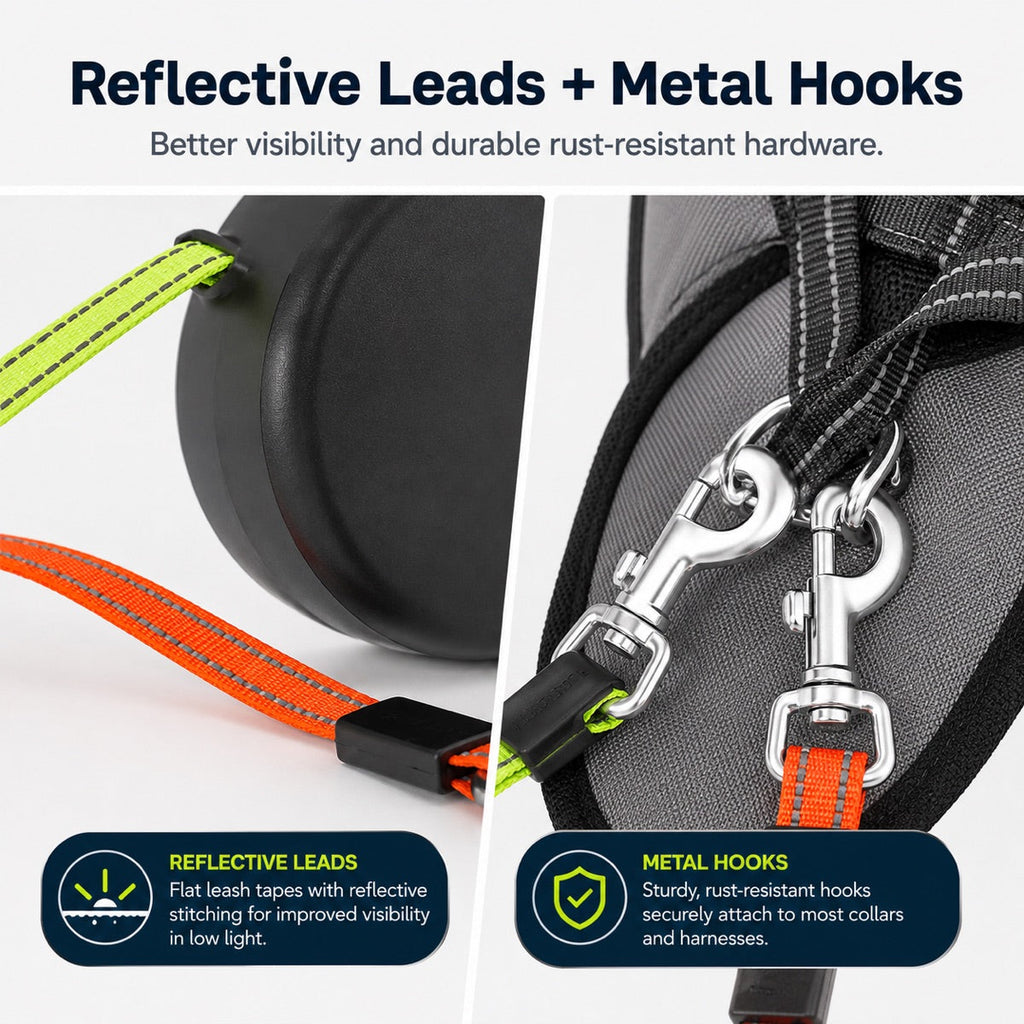 Dual Dog Leash – 360° Tangle-Free Retractable with LED Light & Built-In Poop Bag Holder