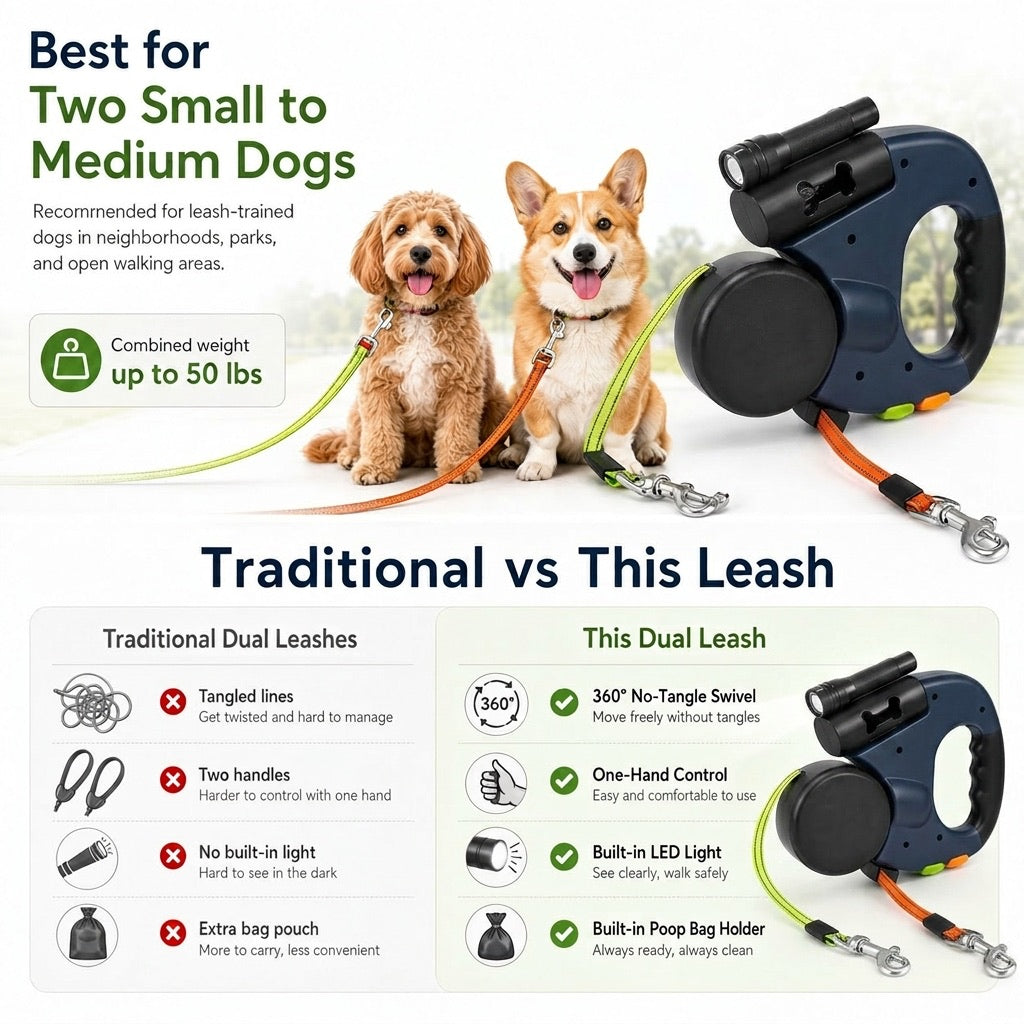 Dual Dog Leash – 360° Tangle-Free Retractable with LED Light & Built-In Poop Bag Holder