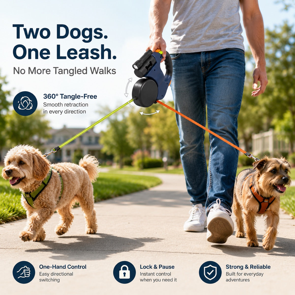 Dual Dog Leash – 360° Tangle-Free Retractable with LED Light & Built-In Poop Bag Holder
