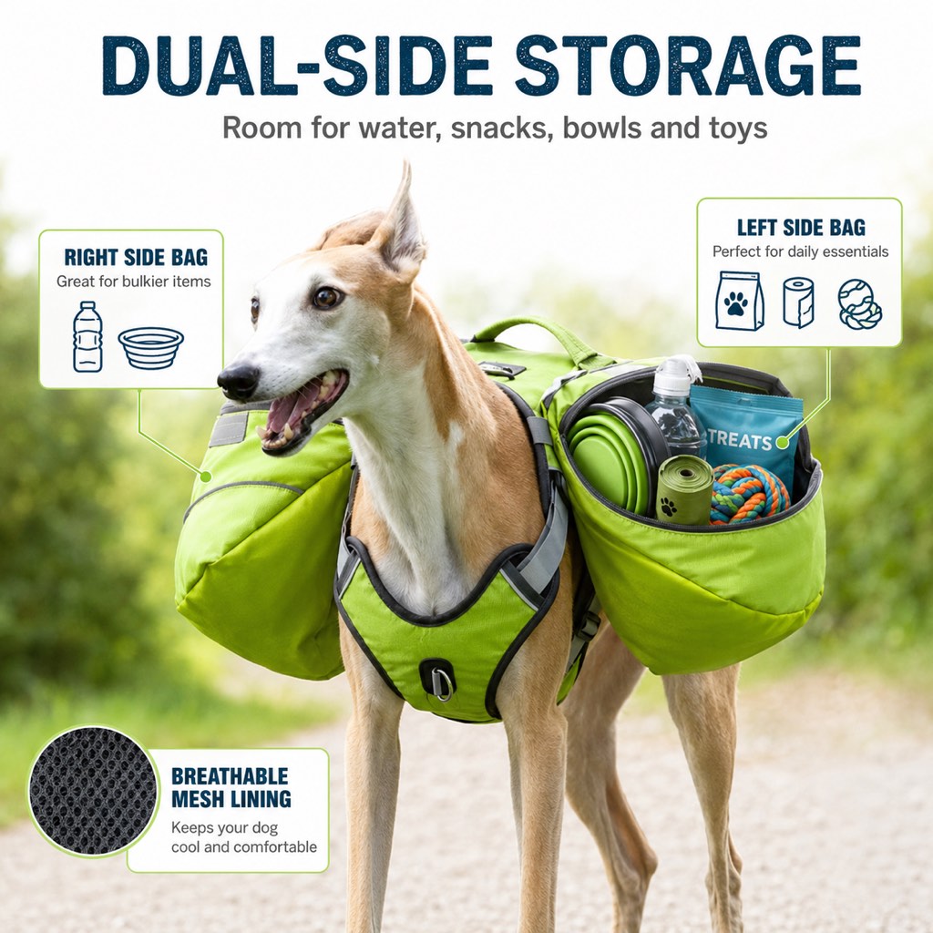 Dog Saddlebag Backpack Harness for Hiking & Camping - Hands-Free Storage for Water, Treats & Trail Essentials
