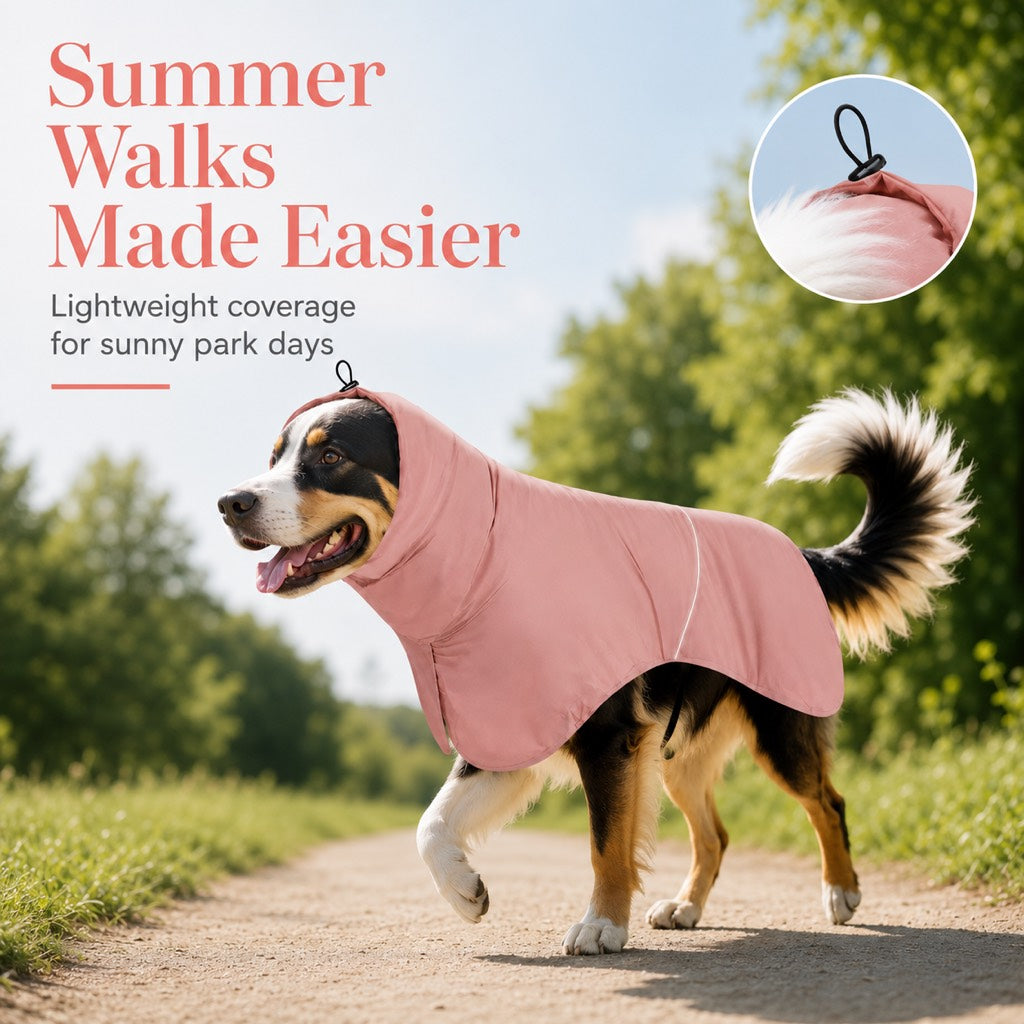 Hooded Dog Sun & Rain Cape for Summer Walks - Lightweight Neck-to-Back Coverage for Drizzle, Wind & Sunny Outdoor Days