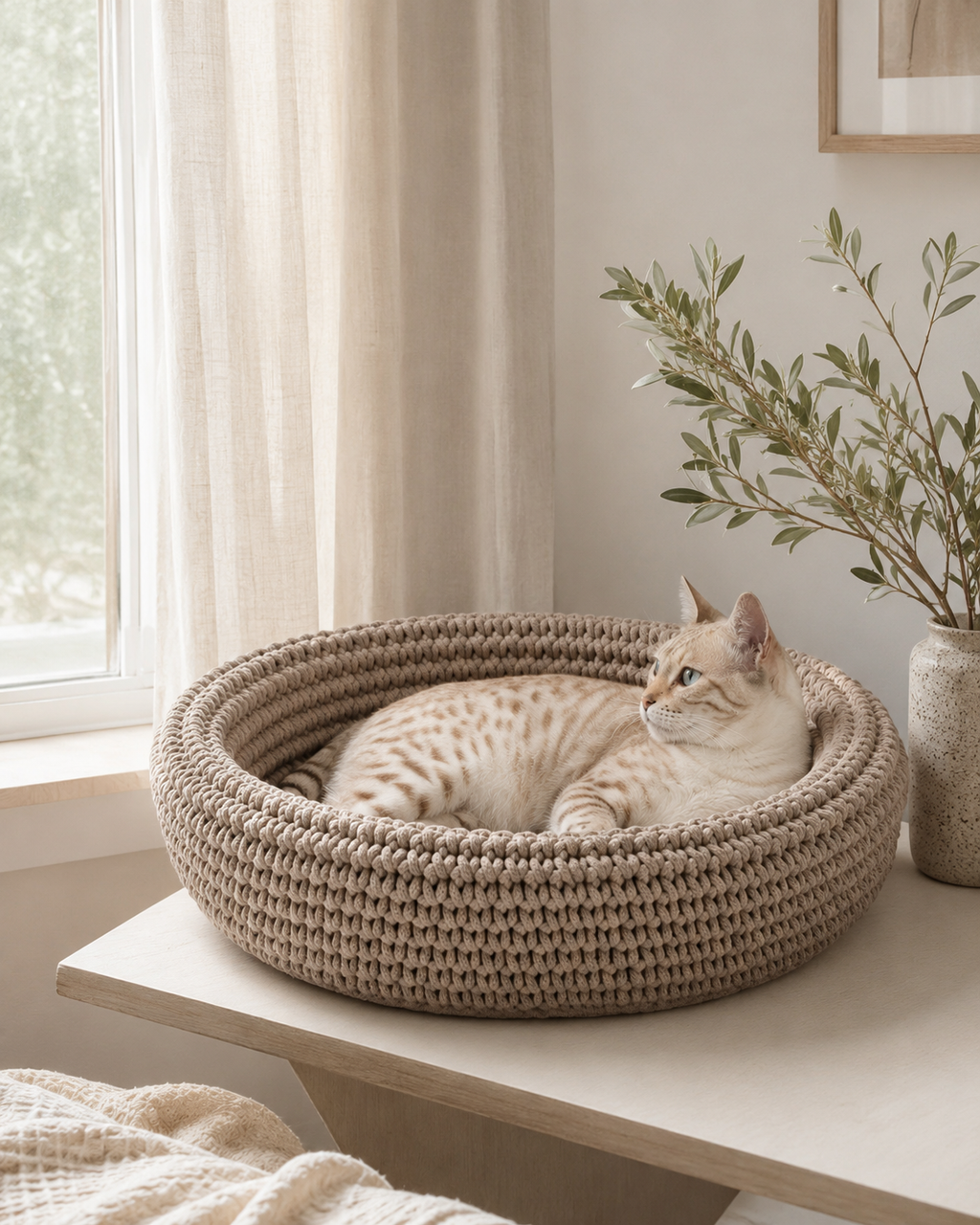 Cat Bed with Soft Cushion Base | Hand-Woven Design for Cozy Comfort