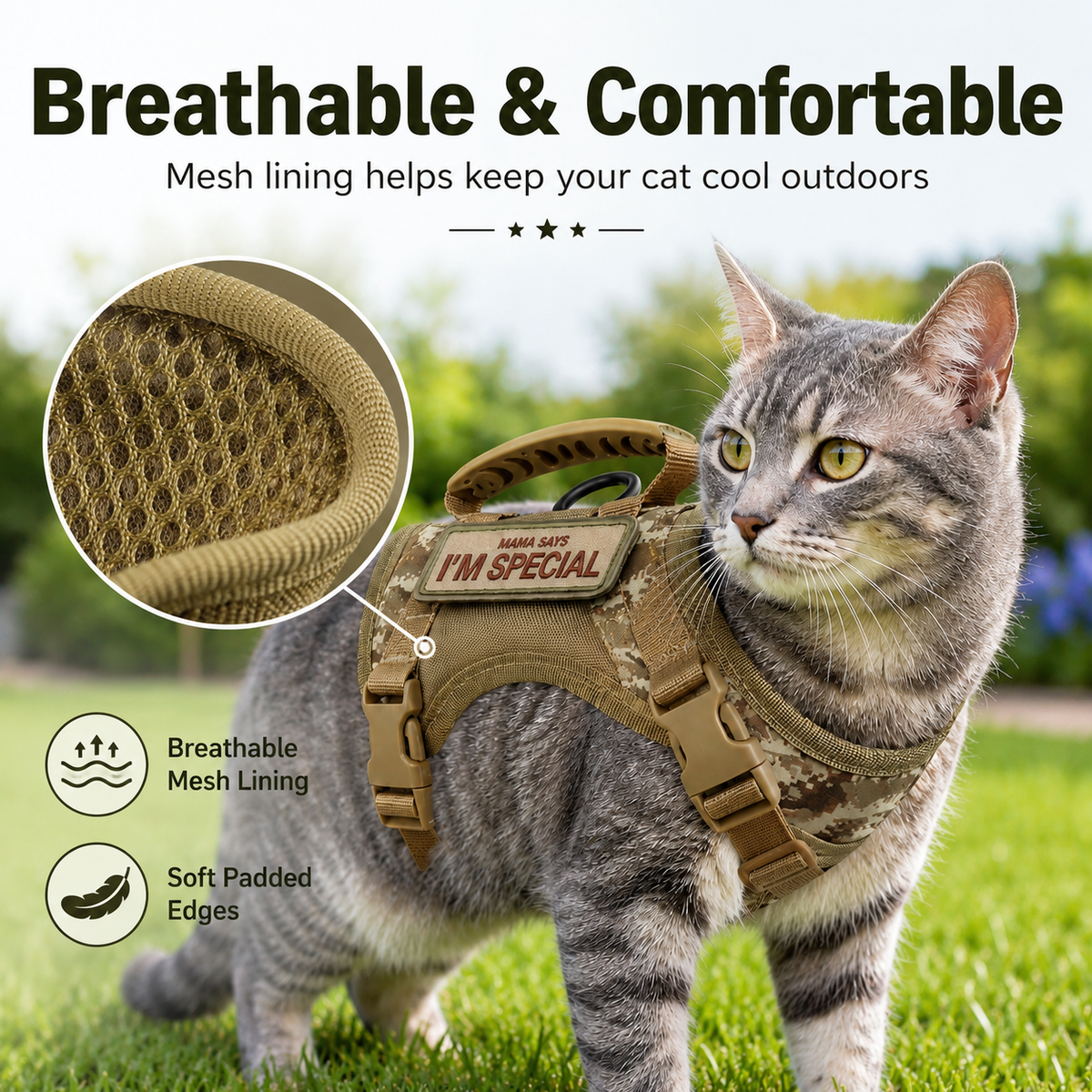 Tactical Cat Harness with Leash for Outdoor Walks, Adjustable Escape-Resistant Vest for Cats