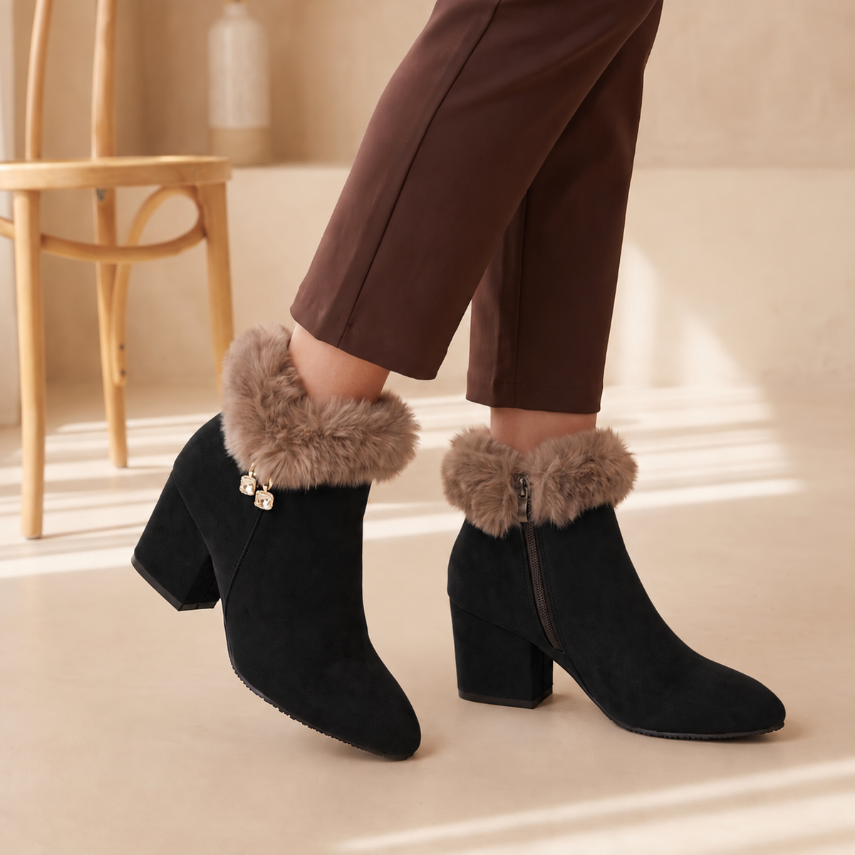 Claire | Fur-Trimmed Block Heel Ankle Boots