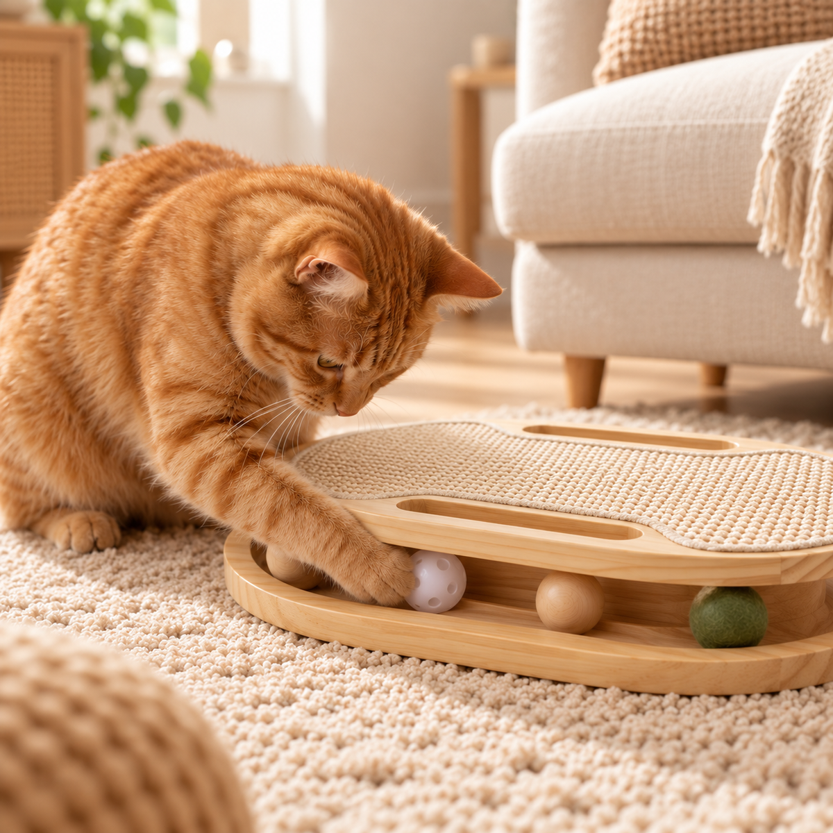 Interactive Cat Toy for Indoor Cats   Wooden Cat Scratcher with Ball Track & Scratch Pad for Kittens
