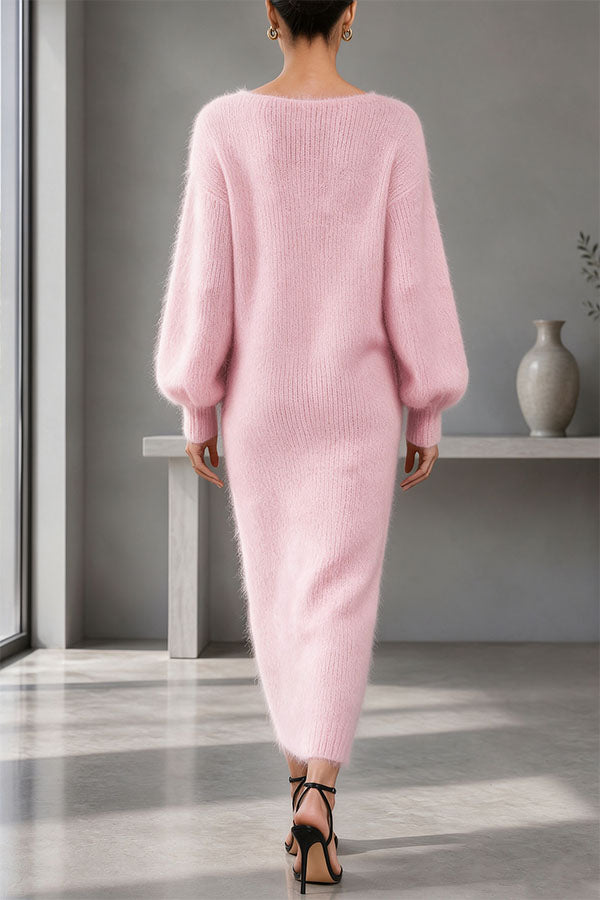 Women's Knit V-Neck Button-Front Midi Dress, Balloon Sleeves