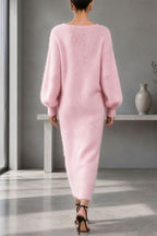 Women's Knit V-Neck Button-Front Midi Dress, Balloon Sleeves